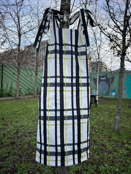 Handmade  Black Check with Yellow Overcheck on White Dress With Bows